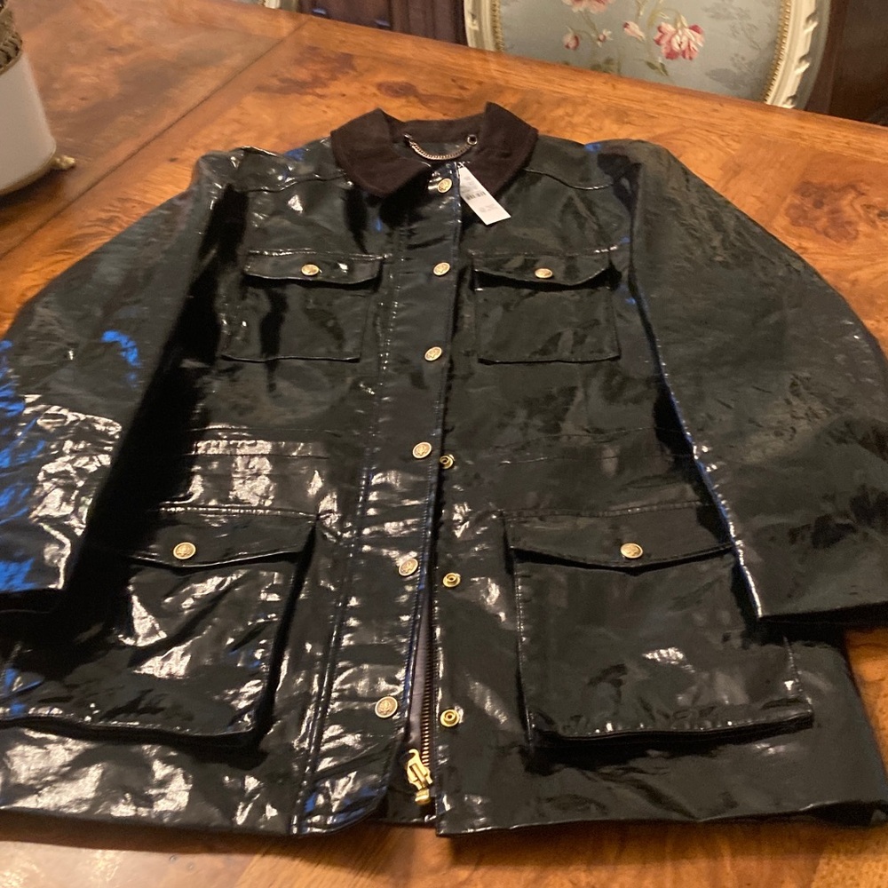 J.Crew Black Laminated barnyard jacket with brown corduroy collar. Size M.